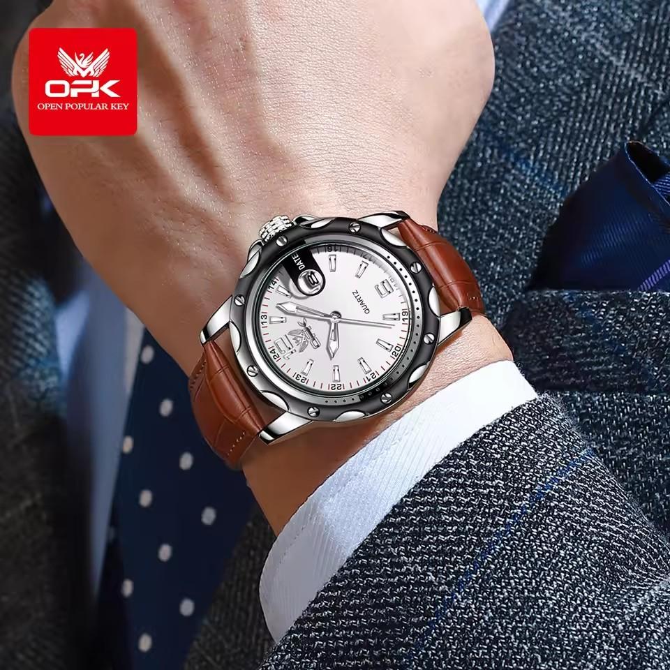 OPK 6026 Hot Selling Fashion Magnifier Calendar Quartz Watch Men's 22mm Brown Leather Strap Luminous Waterproof Sports Watch