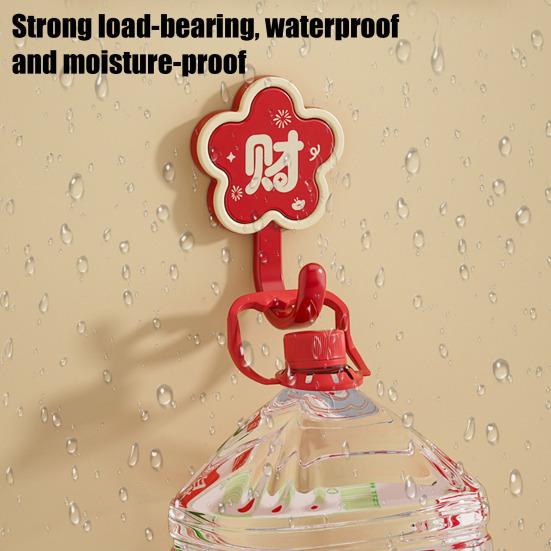 4Pcs Red Flower Adhesive Hooks Good Luck Bathroom Hooks Chinese Style Wall Hooks for Coats Hats Keys Kitchen Entryway
