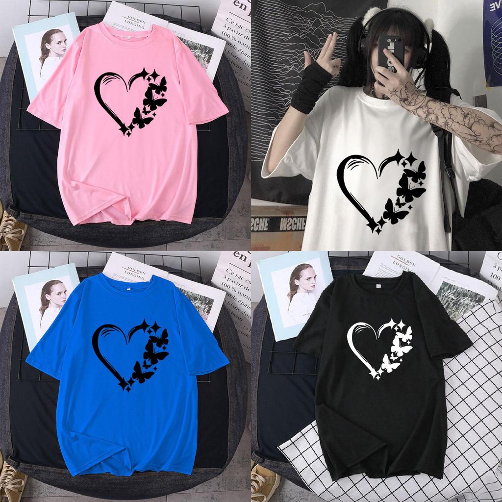T Shirt Women Summer Loose Fit Heart Print Short Sleeve Graphic Tee For Casual Wear
