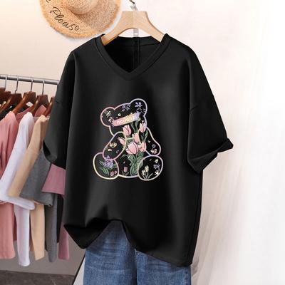 Kurzärmeliges T-Shirt für Damen, Übergröße, Locker und Figurformend, Bedrucktes V-Ausschnitt-Oberteil