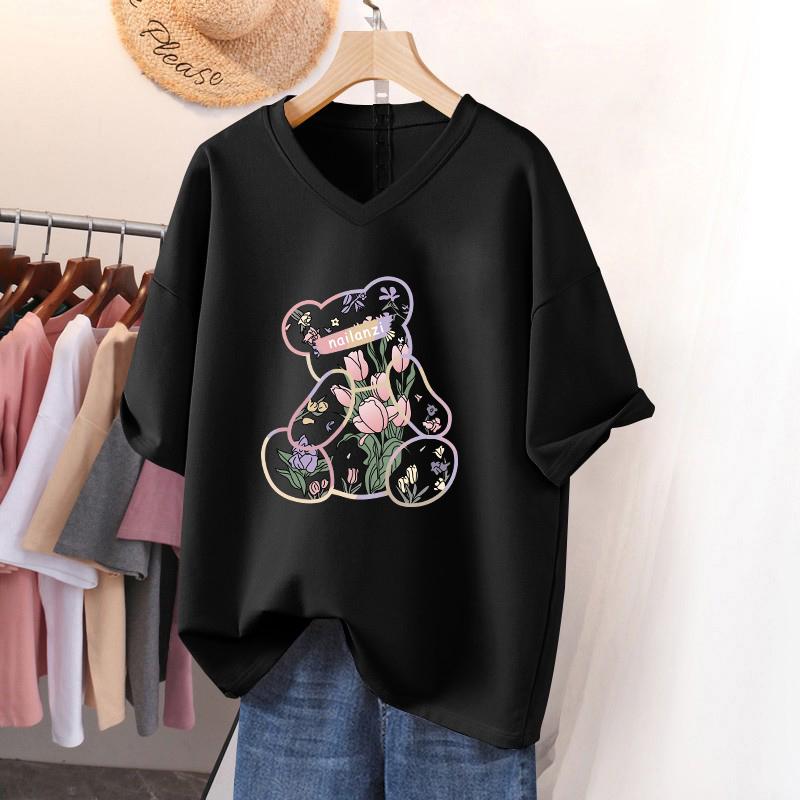 Short-sleeved T-shirt for Women, Large Size, Loose and Slimming, Printed V-neck Top