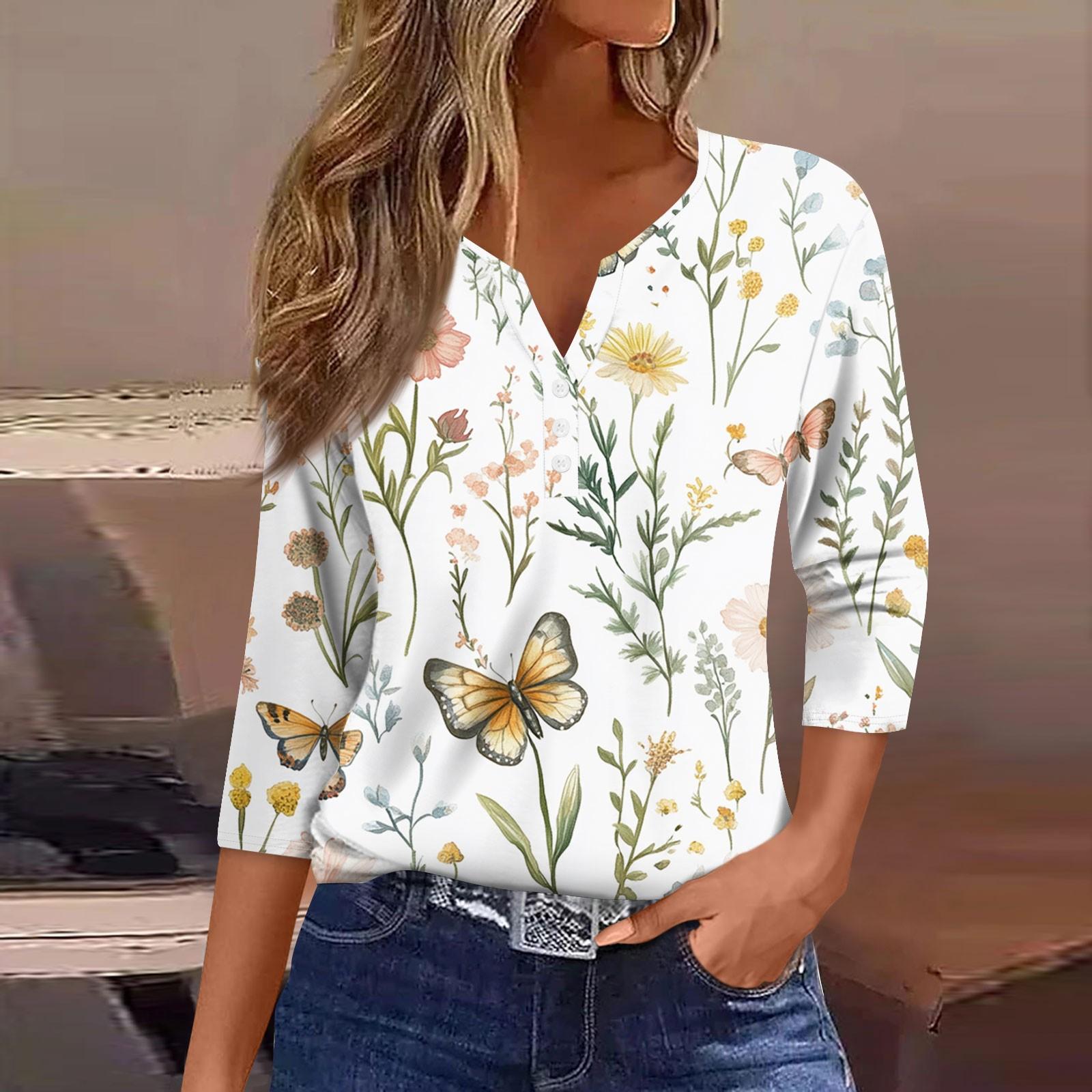 

Женская мода пуговиц V-образный вырез семь рукавов винтажный цветочный принт повседневный топ XL белый