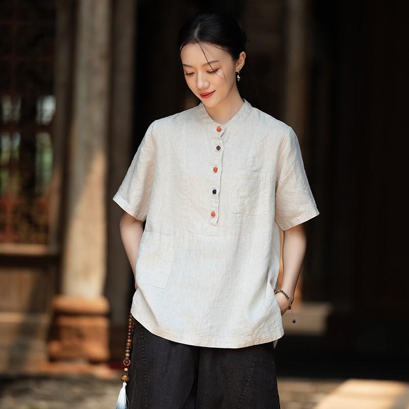 

Johnature Винтажные женские рубашки Стойка Короткий рукав Однотонные топы Летние Свободные На пуговицах Повседневные Высококачественные рубашки One Size бежевый