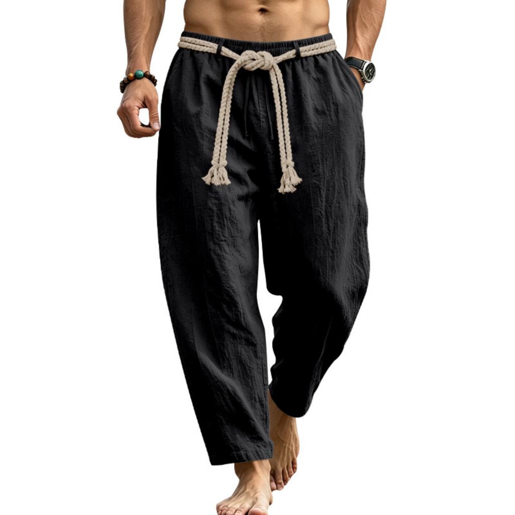 Men's Linen Drawstring Pants Lightweight Breathable Straight Leg Trousers Casual Summer Vacation Commuting Pants