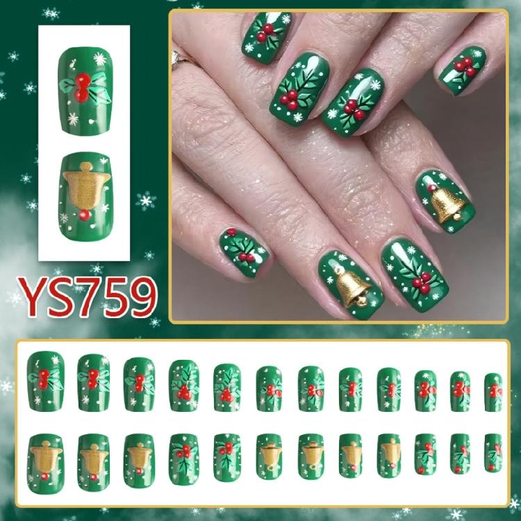ABS Press On Nail 24PCS Christmas Snowflake Green Bell Design Reusable Artificial Nail For Festive Occasions