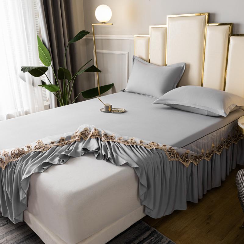 3pcs Set Raw Cotton Bed Romance Dust Protector Cover Soft Bedspread Embroidery Lace Edge Bed Skirt with 2pcs Pillowcase