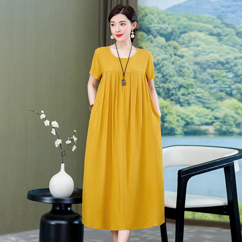 2 Neues hochwertiges florales Baumwoll-Seiden-Kleid für Damen-Sommer-Temperament, Bauchbedeckung für Mütter, große Größe künstliche Baumwolle langer Rock