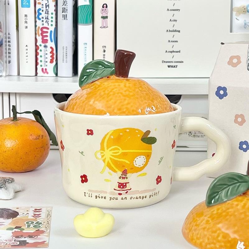 New Year's Gift Cute Orange Water Cup Boys and Girls Souvenir Gift Box High Value Ceramic Mug with Lid Spoon