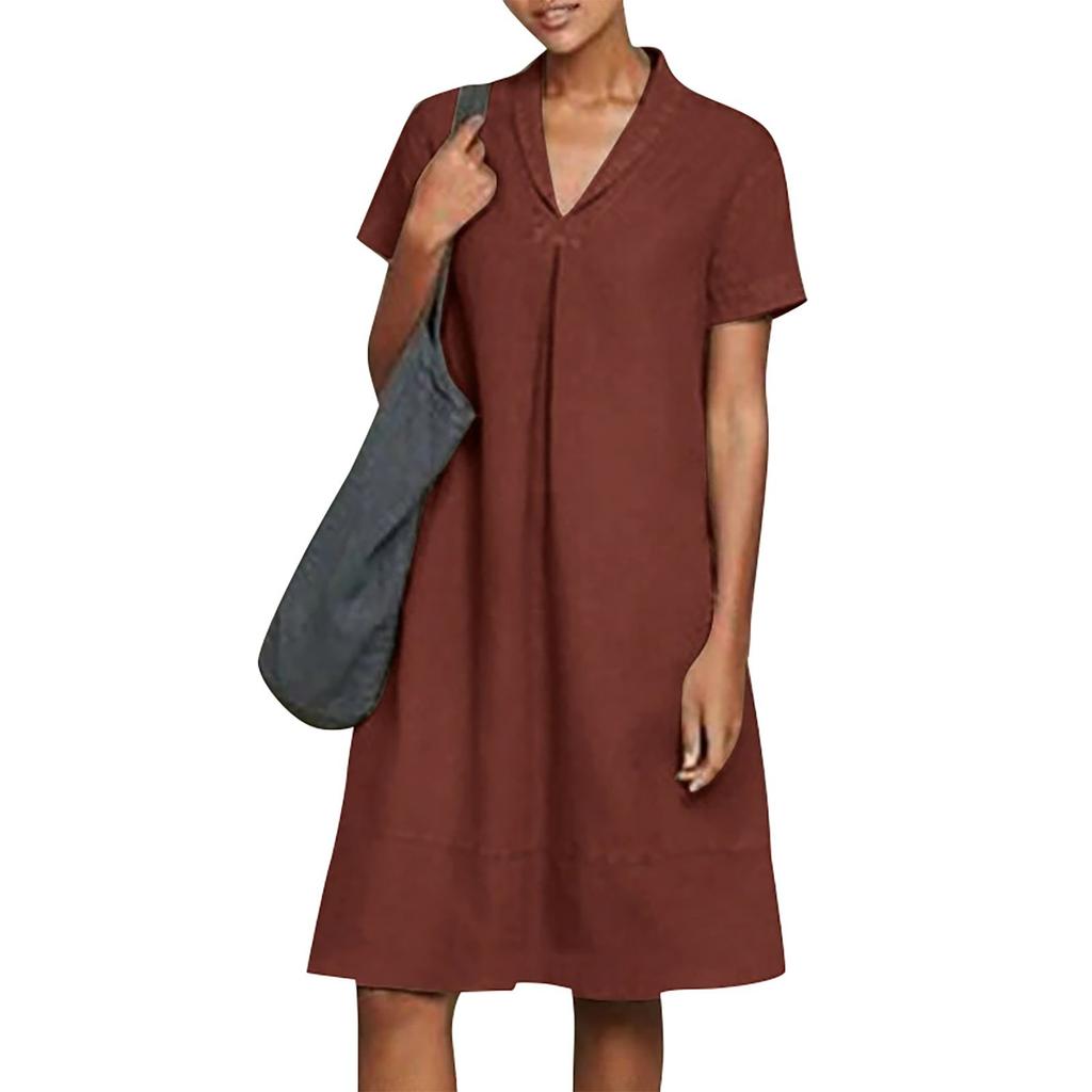 Women's Summer Casual Midi Short Sleeve Dresses Solid Color V-Neck Beach Vacation Dresses