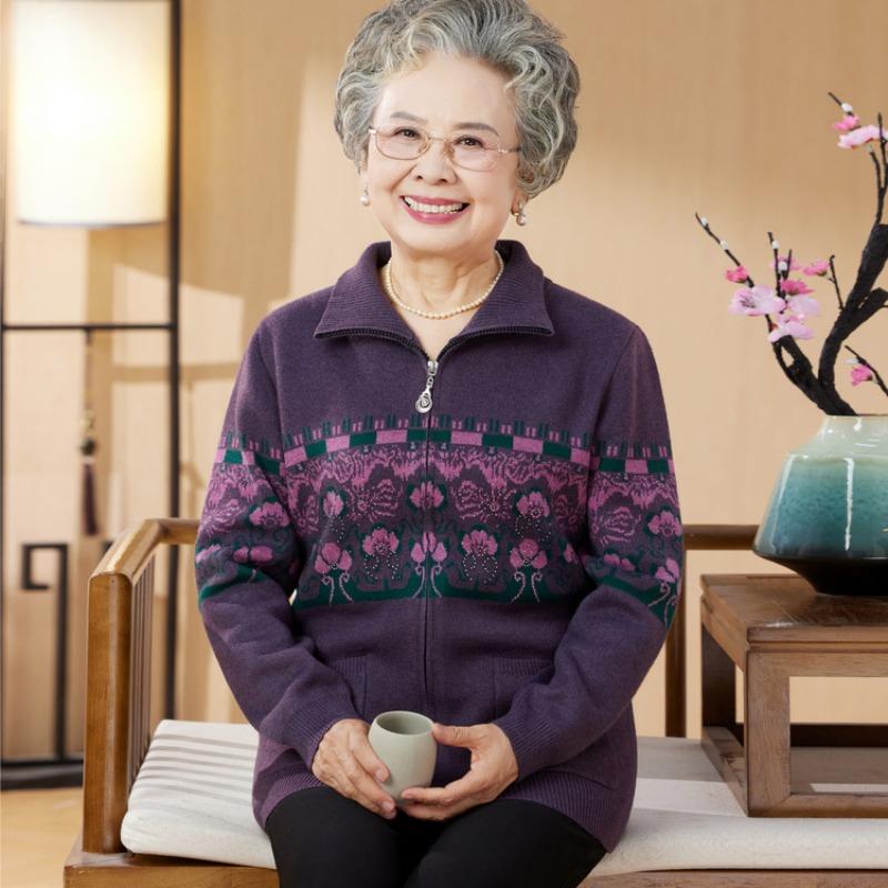 Autumn and winter clothes old lady fleece thickened coat old man sweater cardigan women's spring and autumn grandma clothes mother knitted sweater