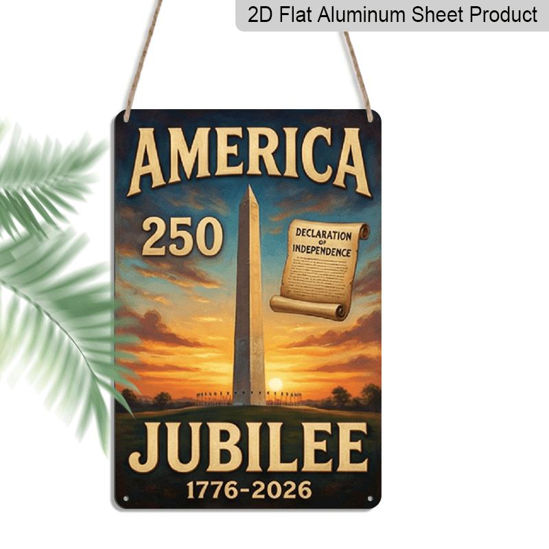 2D Flat 7.87*11.8 Inch Aluminum Sign Featuring a Vintage Design of The Washington Monument Along with a Scroll of The Declaration, Celebrating The