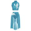 Womens Lyrical Dance Outfits Sleeveless Hollow Out Crop Top Irregular Mesh Hem Briefs Skirt Applique Dancewear Set