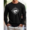 Men's Loose Fit Comfortable Sports and Leisure Mountain Compass Pattern Printed Round Neck Long Sleeved T-shirt