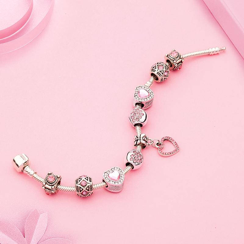 New Valentine's Romantic Pink Heart Charm Bracelet & Bangle Fine Crystal Diy Bead Bracelet Jewelry for Women Girl Gift