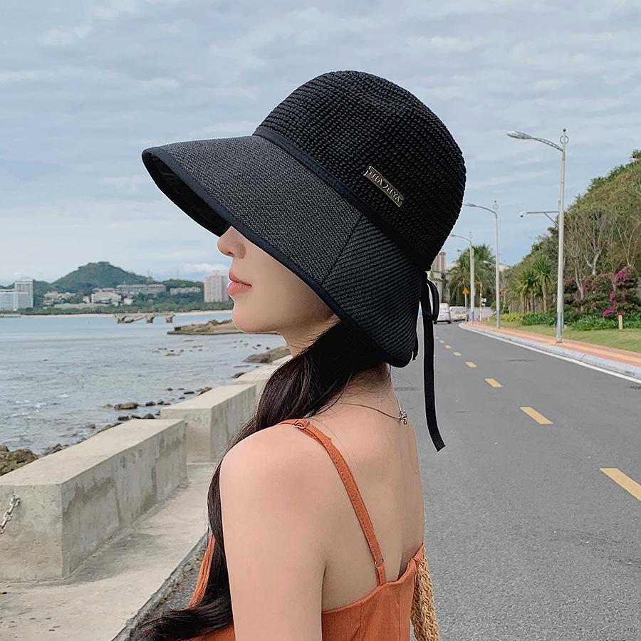 Hat Versatile Style Straw Woven Minimalist Black Female Sunshade Hatscaps
