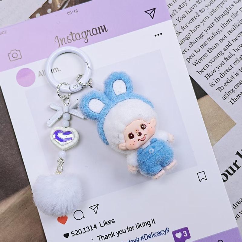 Resin Flocking Monchichi Keychain Cute Monkey Baby Trendy Keyring Cartoon Pendent Keys Bags Hanging Accessories Small Gifts