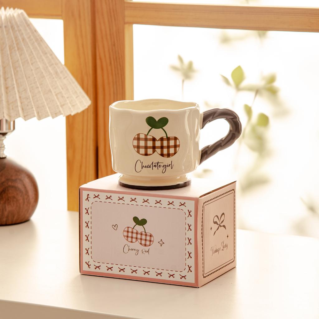Medium Retro High value Cherry Plaid Ceramic Mug Home Casual Cup Milk Breakfast Cartoon Creativity