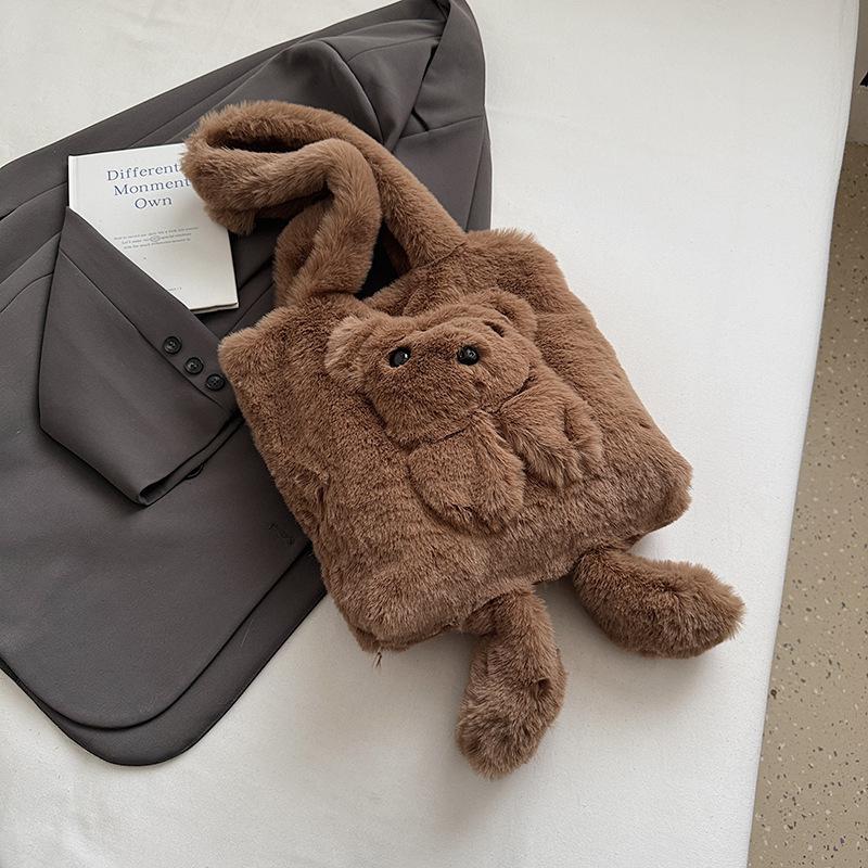 2025 Autumn New Fashion New Tote Plush Women's Bag Simple Shoulder Portable Bear Girlish Handbag Bag