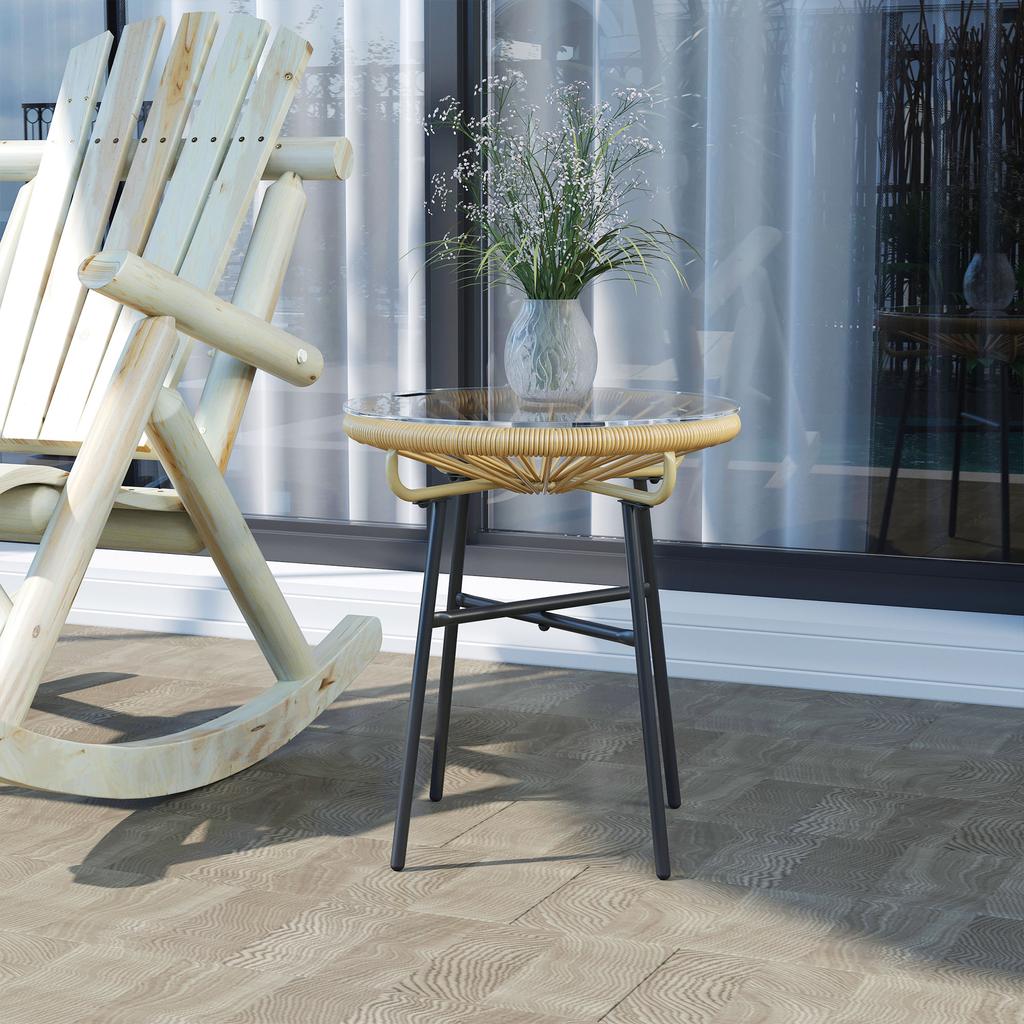 Boho-style Garden Table. PE Rattan. Tempered Glass. Weatherproof. 50cm X 50cm X 50cm. Beige
