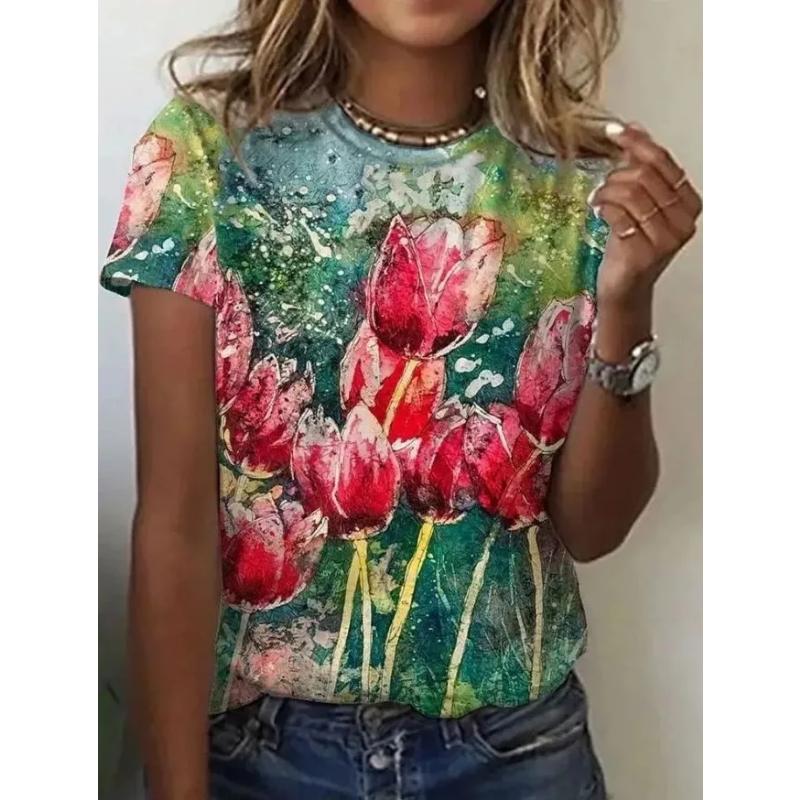 Modisches Damen-T-Shirt mit Rundhalsausschnitt, 3D-Farbdruck