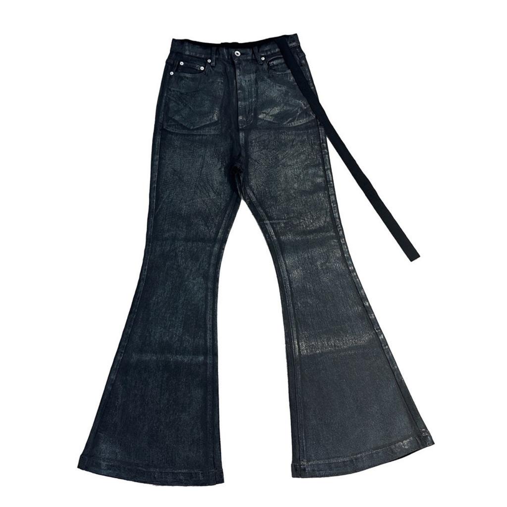 FlowStreet Streetwear Jeans Neri Elasticizzati in Pelle Cerata da Uomo Ropa Hombre Pantaloni Baggy Y2k a Zampa Jeans Dritti Oversize