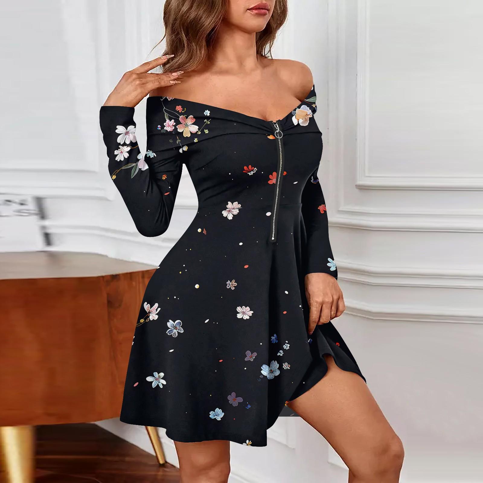 

Женские повседневные модные сексуальные платья с открытыми плечами и длинным рукавом с принтом на молнии S чёрный