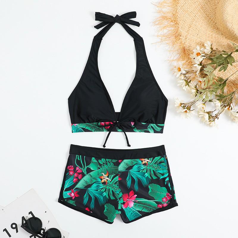Costum de baie bikini multicolor cu imprimeu, cu șnur și croială plată pe picior pentru femei