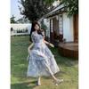 Vintage Square Neck Floral Dress with Bubble Sleeves, Summer Ruffle Hem Long Dress