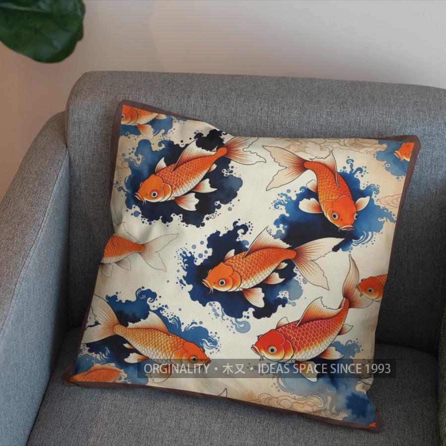 2D Vintage Koi Fish Pattern Decorative Throw Pillow Pattern Cushion Cover Suitable For Sofa Bedroom Car Pillow Cover