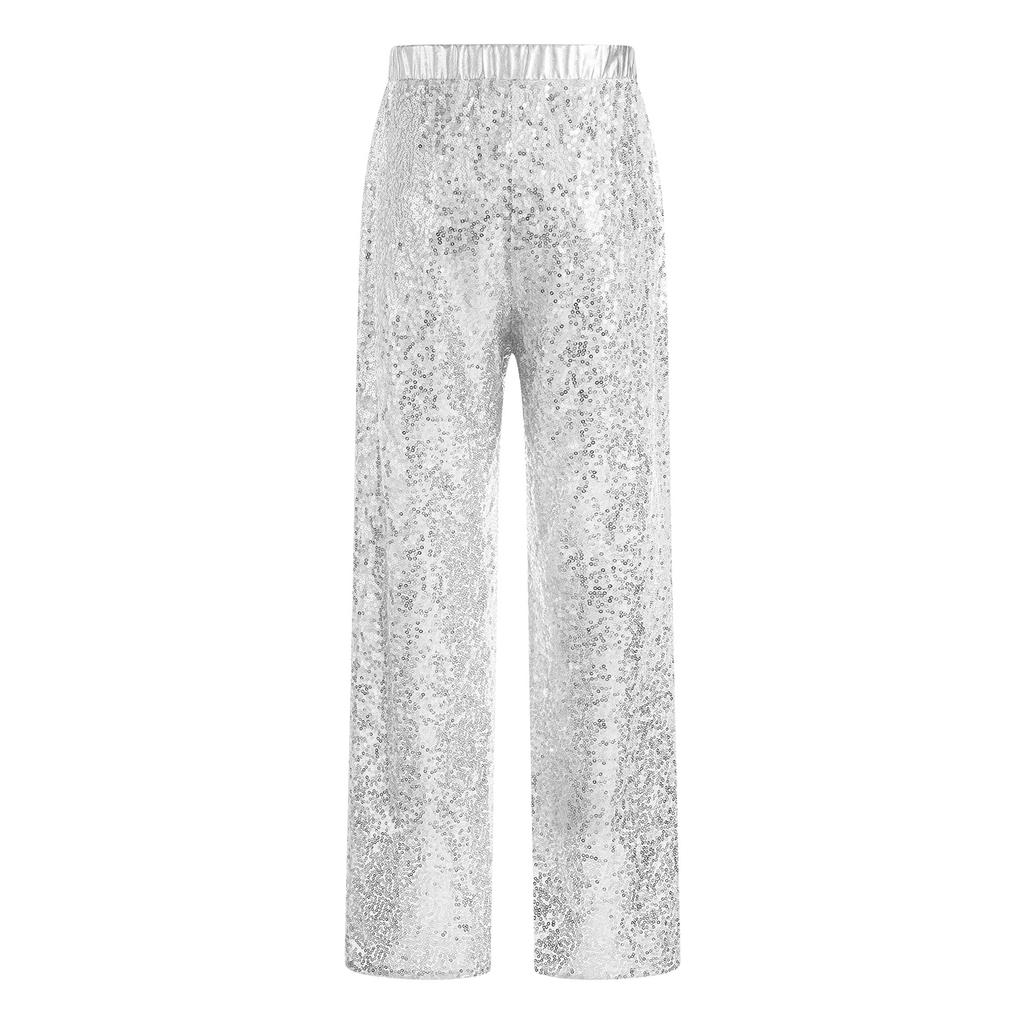 Girls Shiny Sequin Pants High Waist Elastic Waistband Loose Trousers Jazz Dance Performance Trousers