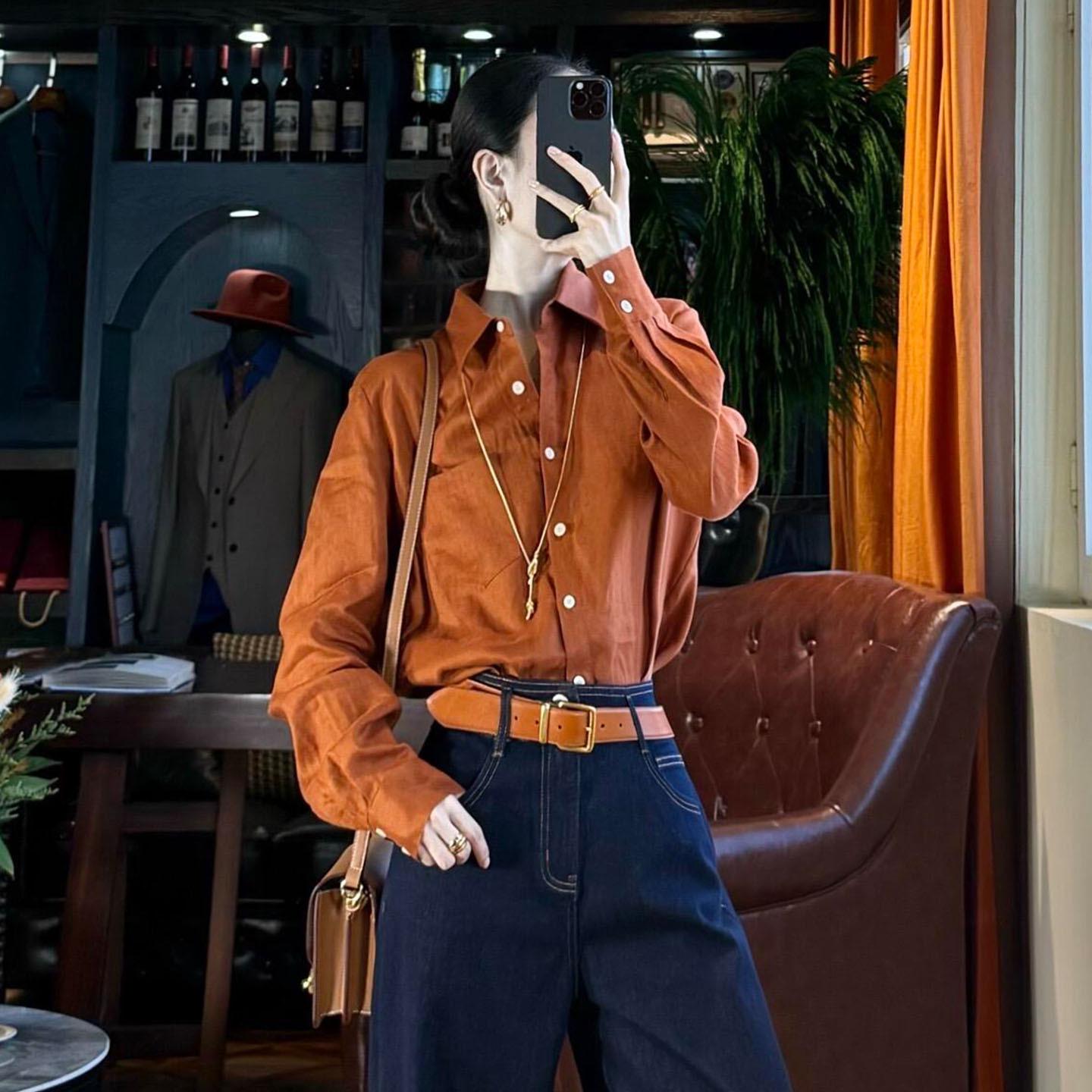 

Retro Hong Kong Chic Women s Orange Long Sleeve Shirt - New Autumn Arrival XL