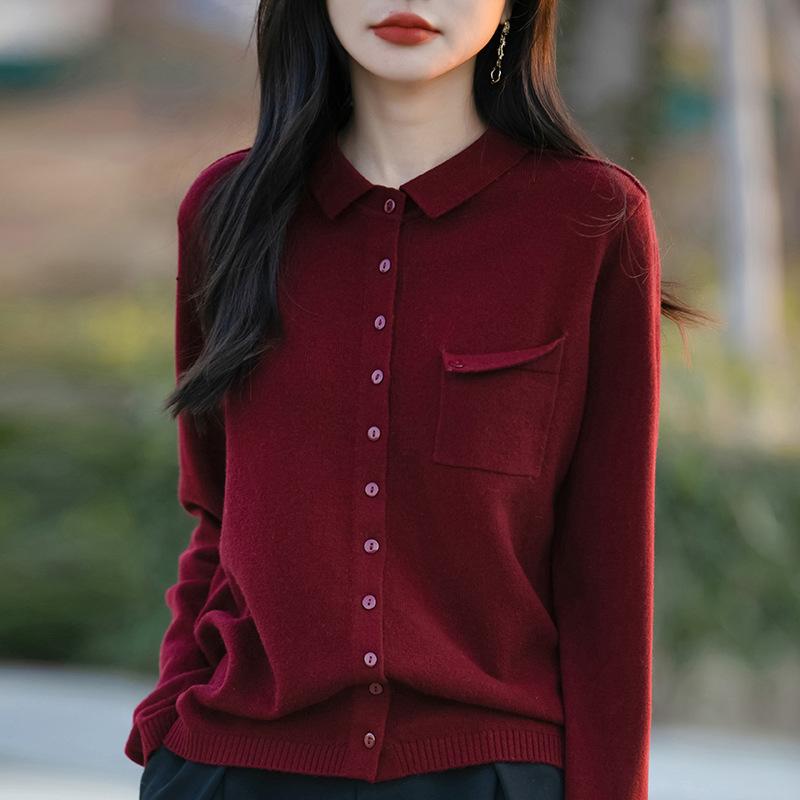 

Модный и Молодежный Вязаный Кардиган с Воротником ПОЛО для Женщин Весна Новый Однотонный с Карманами, Приталенный и Универсальный XXL красный