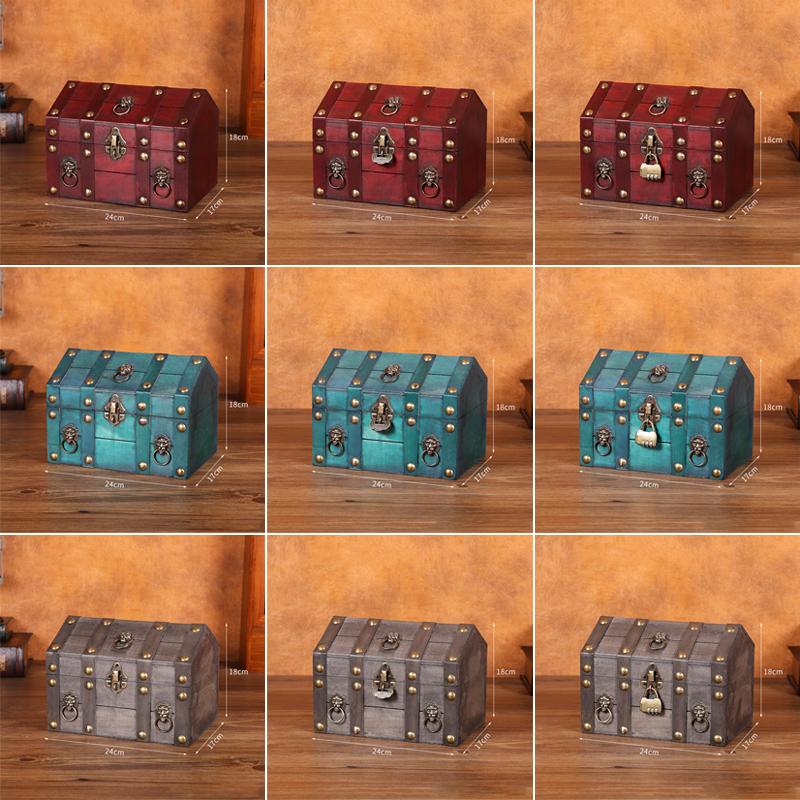 Pirate Treasure Chest With Lock Wooden Lockable Trinket Box Vintage Design Money Coin Decor Storage Box Jewelry Box