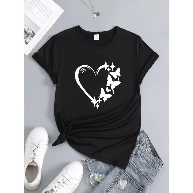 European Size A Cute Summer T-Shirt with a Heart Print Design, Perfect for Spring And Summer Casual Sports Wear for Women.