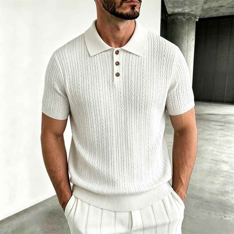 Men s White Cable Knit Lapel Collar Short Sleeve Retro Polo Shirt S белый