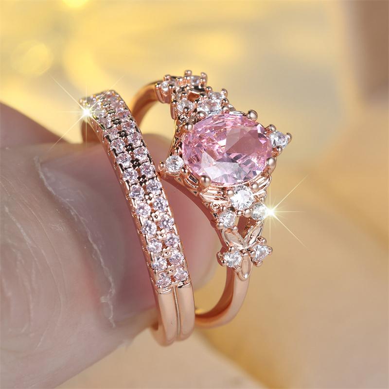 2 Pcs/set Rose Golden Color Oval Cut Pink Stone Ring Crown Ring Set Wedding Band Valentine's Day Jewelry