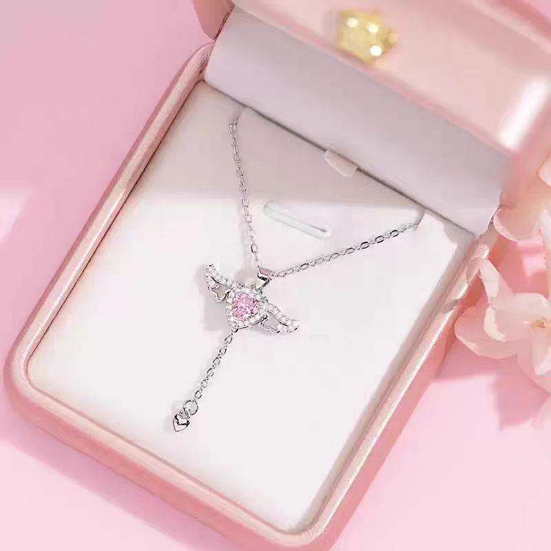 S925 Sterling Silver Angel Heart Wings Necklace - Elegant, Moveable Clavicle Pendant for Women