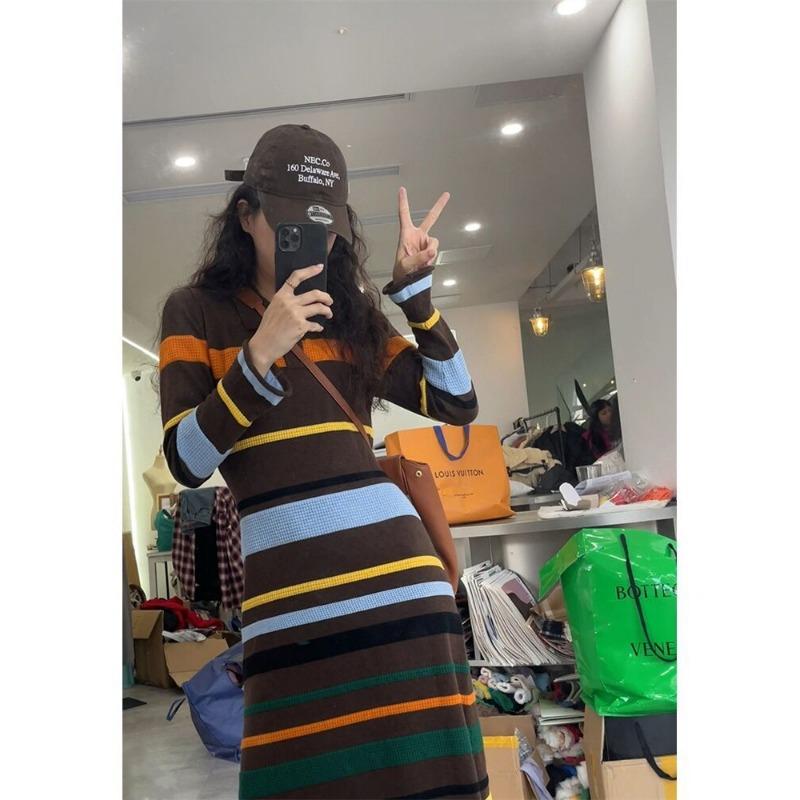 

Женское трикотажное платье в полоску с длинным рукавом, осеннее, высококлассное, с темпераментом, облегающее и стройнящее, базовое платье XL