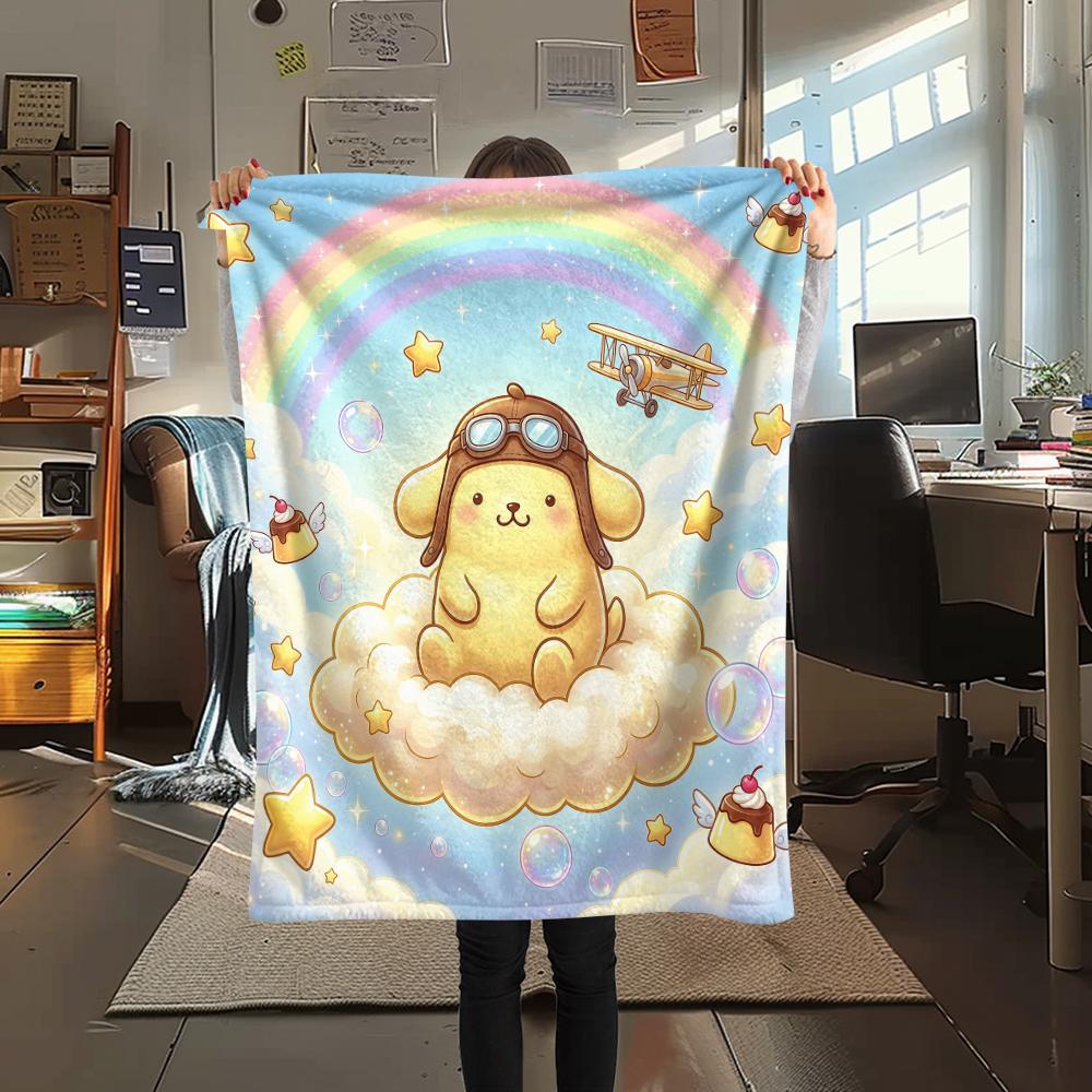 1PC Pompompurin Print Flannel Blanket, High quality All Seasons, Home Decor, Warmth and Comfort, Perfect for Christmas Gifts