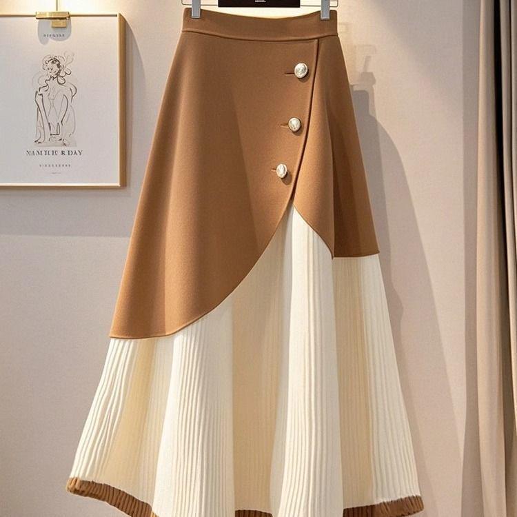 Fustă Midi Tricotată Elegantă Kaki - Iarnă 2025 Trendy A-Line cu Talie Înaltă