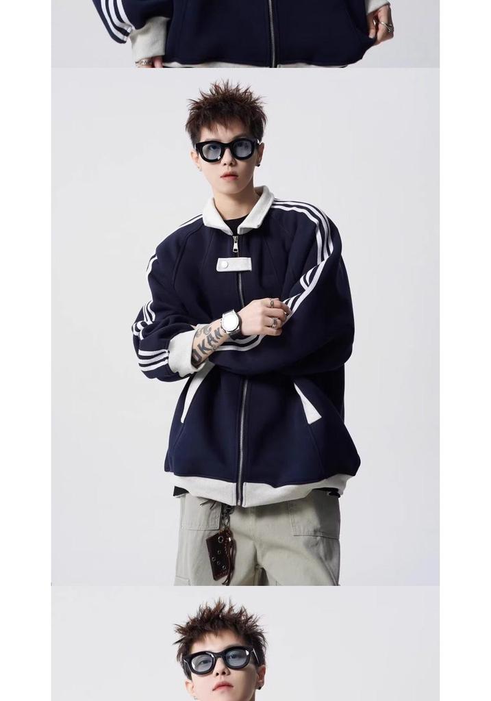 Unisex American Color Block Striped Hoodie, Heavyweight Baseball Jacket-Style Cardigan for Spring/Autumn