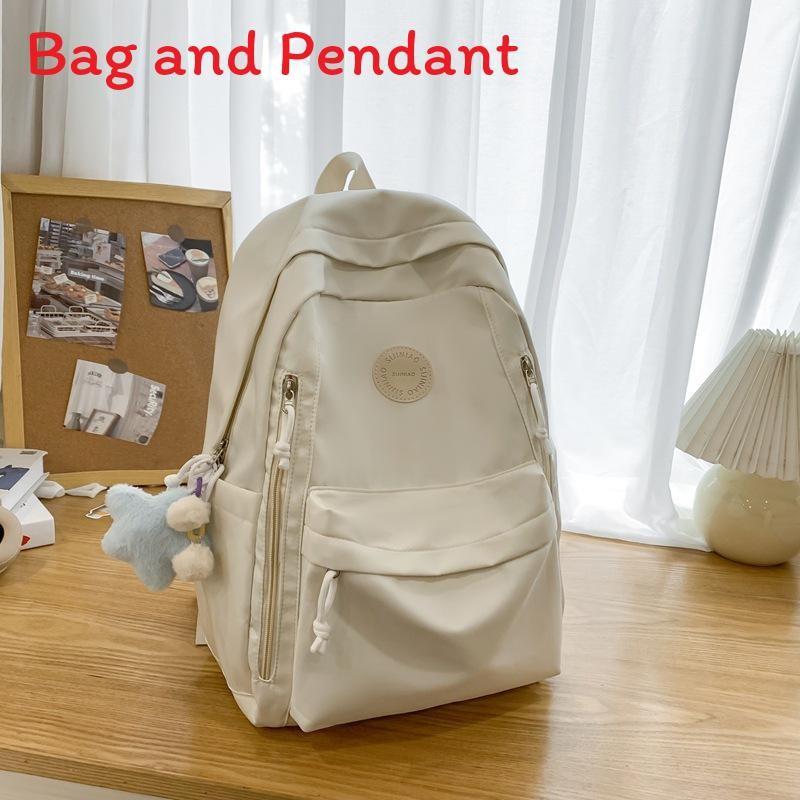 Simple Solid Color Student Lightweight Backpack With Plush Pendant For School