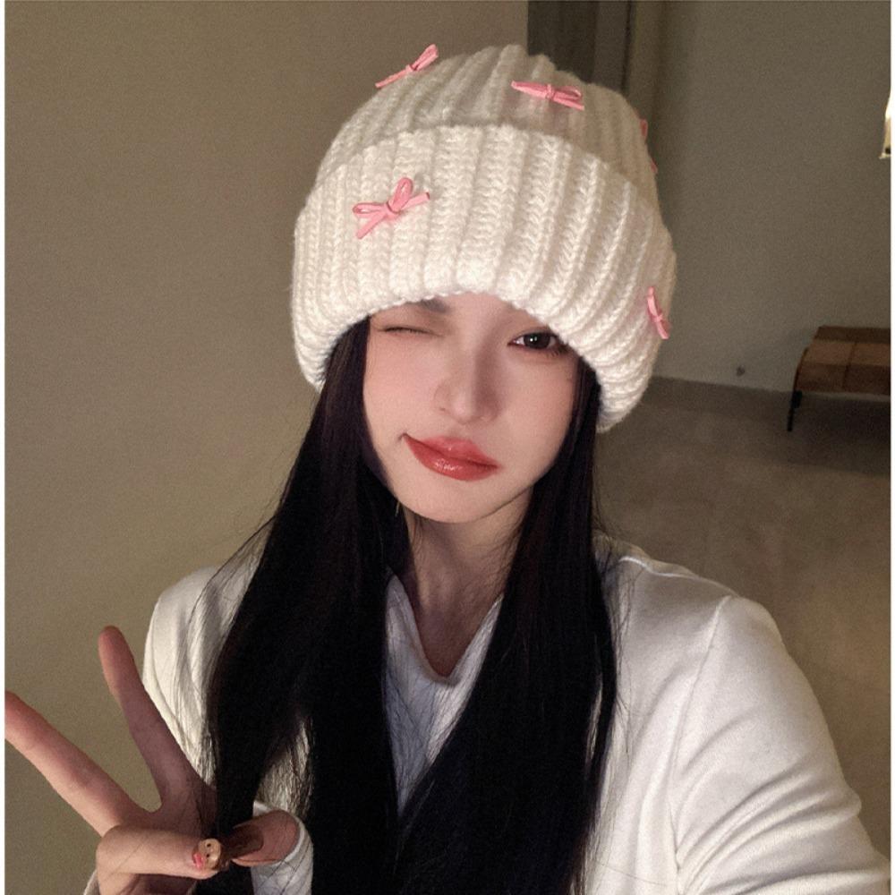 Cold-proof Bow Knitted Hat Korean Style Bow Winter Hat Warm Pullover Hat  Autumn