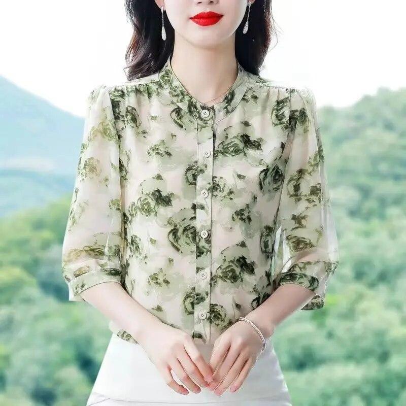 Modisches Chiffon-Hemd mit drei Viertelärmeln für Damen, Sommer, neue, locker sitzende Bluse mit Blumenmuster, M-4XL