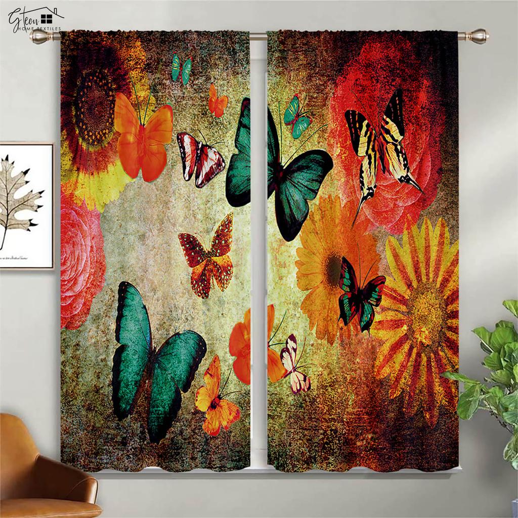 Schmetterling Liebe Blume Vorhänge Pastoral Schön Retro Schlafzimmer Wohnzimmer Arbeitszimmer Polyesterfaser 3D-Druck Dekovorhang