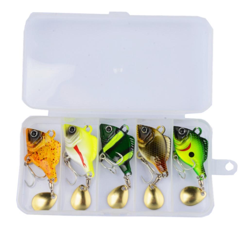 5pcs Rotating Glitter Artificial Fishing Bait Vibration Bait Hook Set Fishing Lures Kit with Box Crank Hook Fishing Lures Hooks 10g