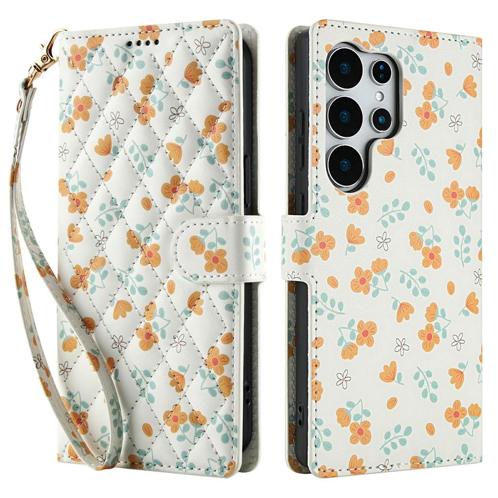 Für Samsung Galaxy S25 Ultra Brieftasche Hülle Rhombisches Blumendesign Leder Klapphandyhülle mit Trageband