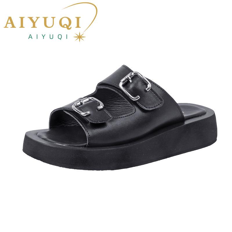 Fashion 2025 Women Slippers Summer Genuine Leather Slides Women Fashion Square button Flat Sandals Ladies Outdoor Casual Flip Flops