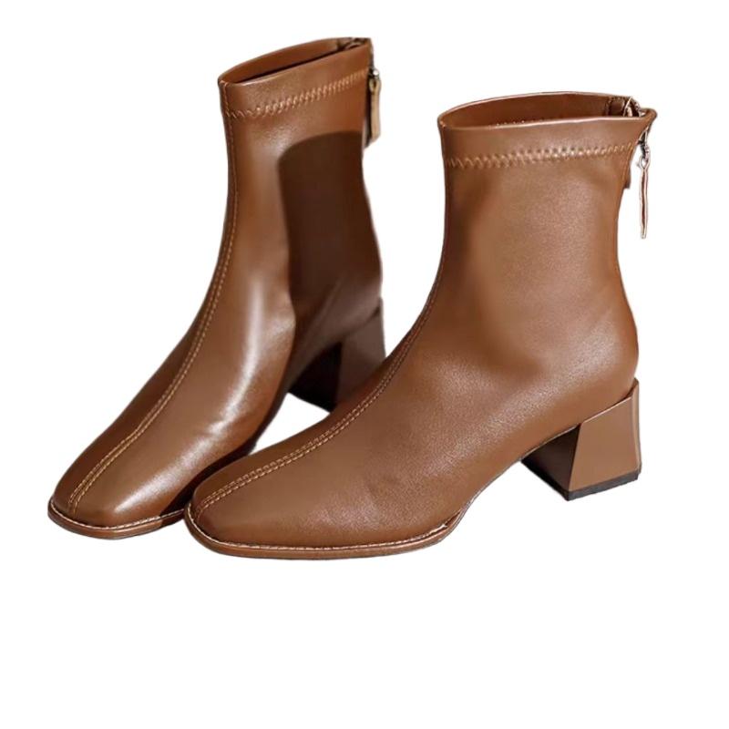 New Style Women's Thick Heel Medium Heels Boots Women's Winter Square Toe Back Zipper Increased Casual Short Boots Zapatos Mujer