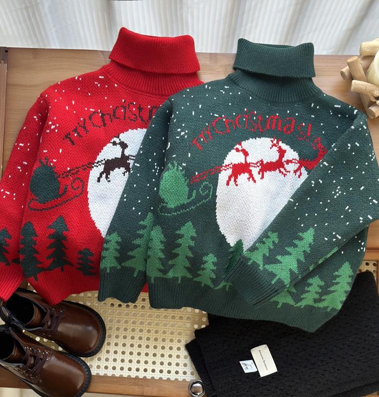 2025 Winter Kinder Roter Rollkragenpullover - Trendiger Weihnachtsstil für Jungen und Mädchen